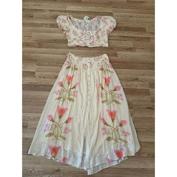 Free People Easy to Love 2 Piece Multicolor Floral  Maxi Skirt Set Size L - NWT - Picture 2 of 8